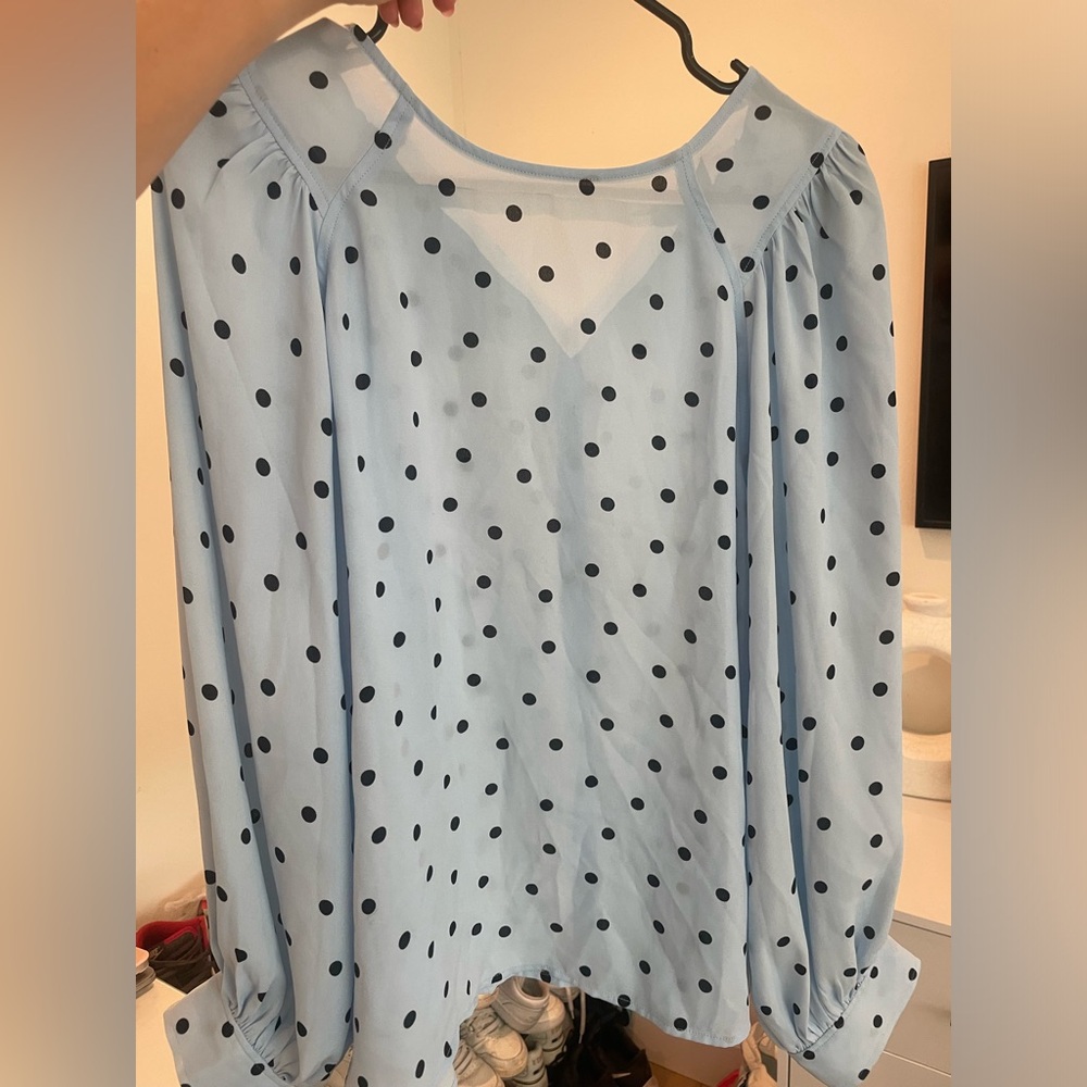Polka dot blouse, light blue with black dots